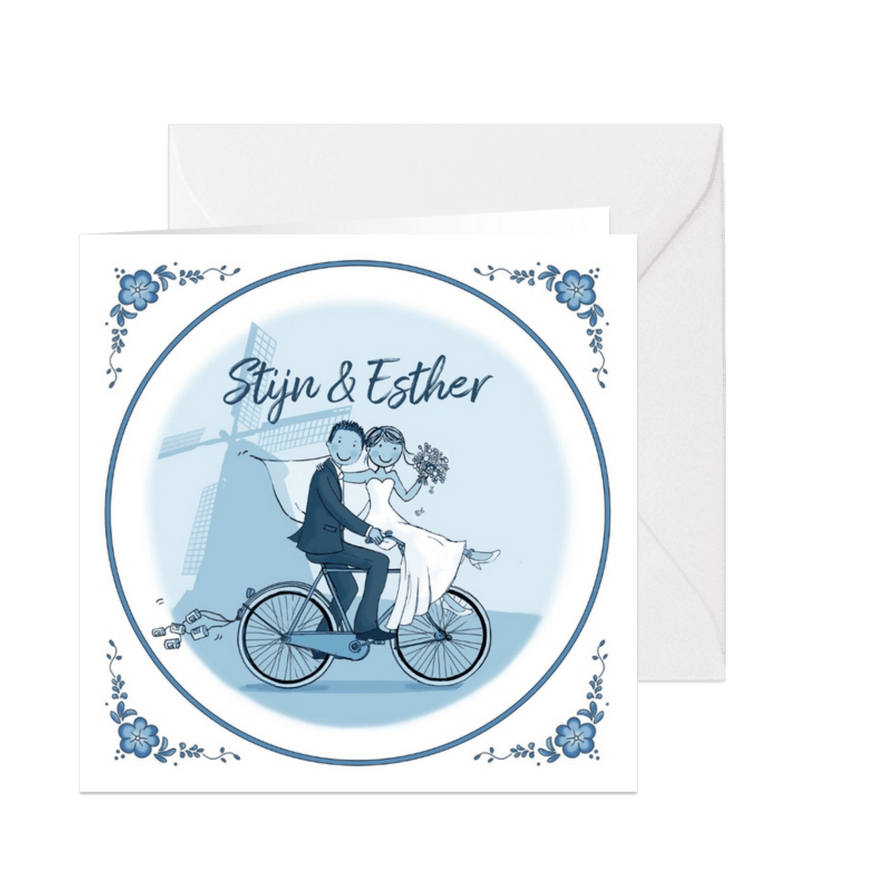 Trouwkaart fiets delftsblauw molen - Kaartimpressie