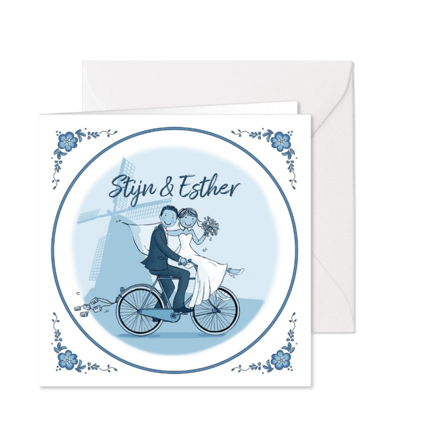 Trouwkaart fiets delftsblauw molen - Kaartimpressie