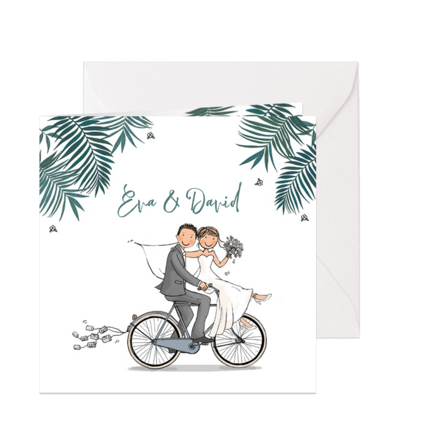 Trouwkaart fiets met blikjes - Kaartimpressie