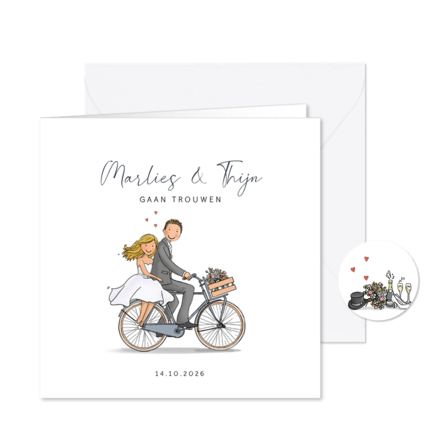 Trouwkaart fiets met bruidspaar hartjes - Kaartimpressie