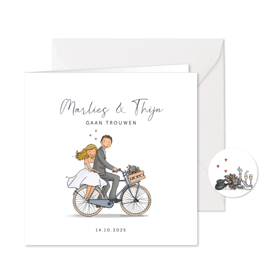 Trouwkaart fiets met bruidspaar hartjes - Kaartimpressie