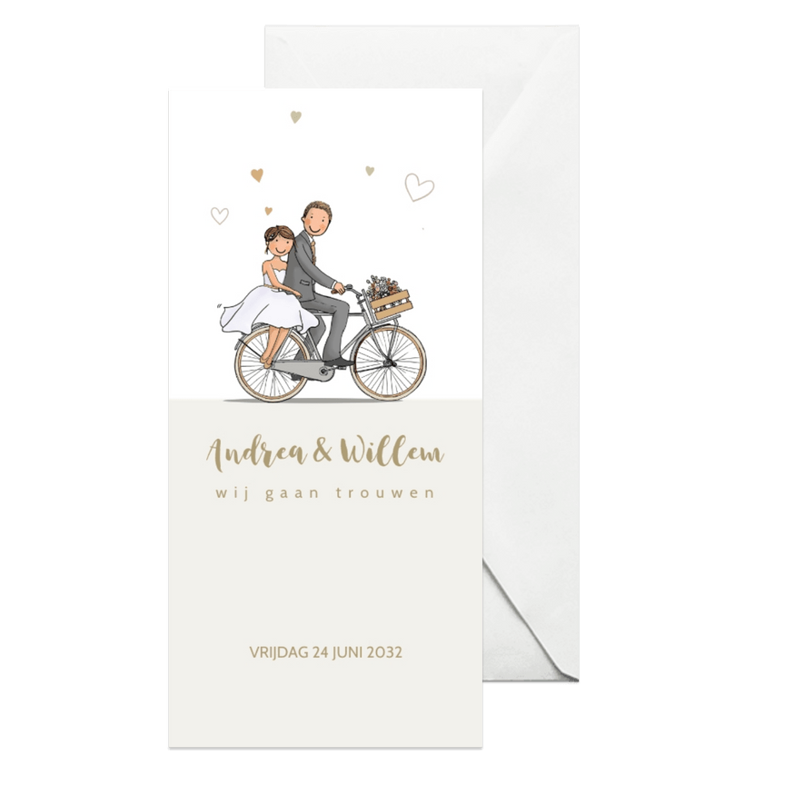 Trouwkaart fiets met hartjes - Kaartimpressie