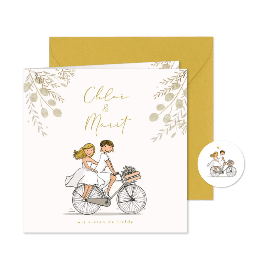Trouwkaart fietsend lgbtq stel met bloemen - Kaartimpressie