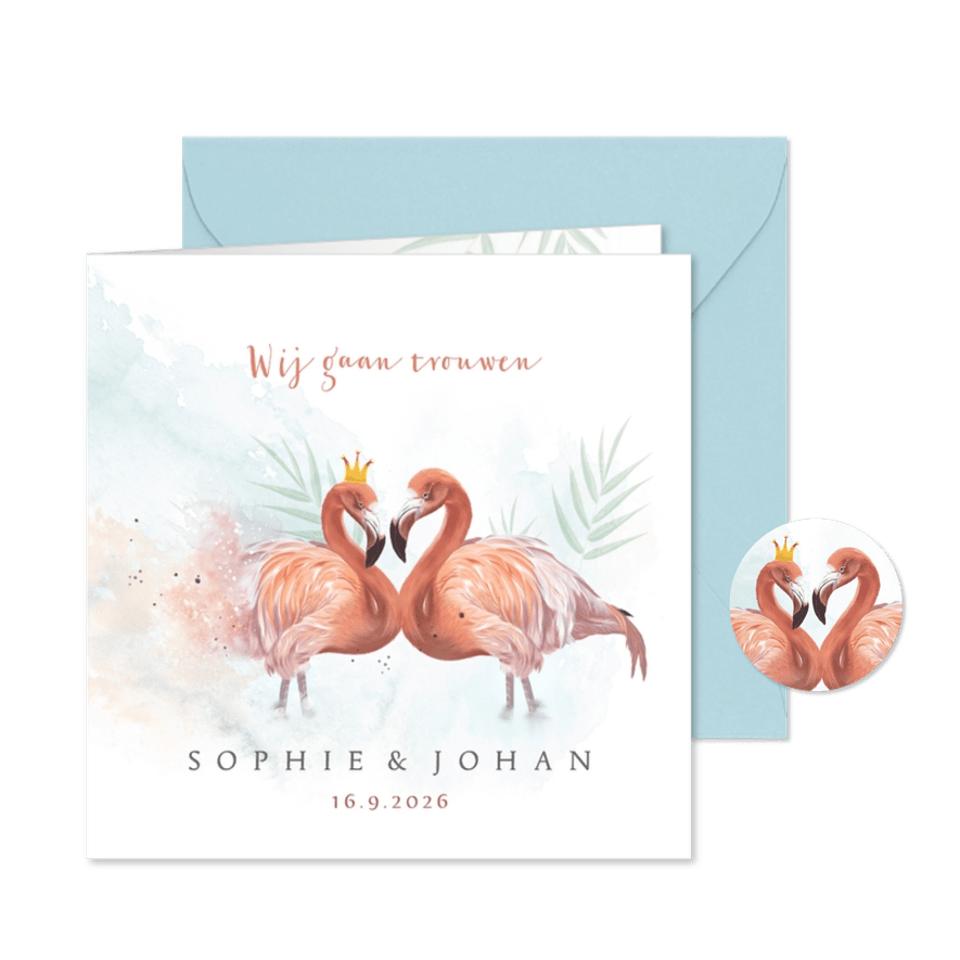 Trouwkaart flamingo's waterverf - Kaartimpressie