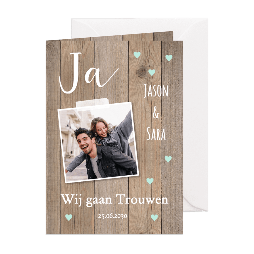 Trouwkaart foto houtlook hartjes mintgroen - Kaartimpressie