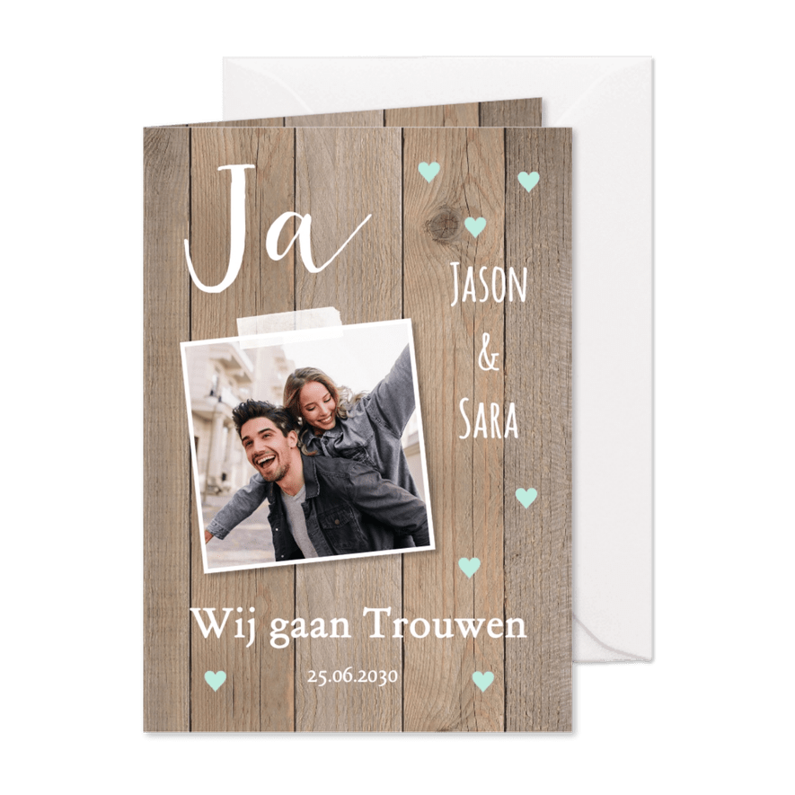 Trouwkaart foto houtlook hartjes mintgroen - Kaartimpressie