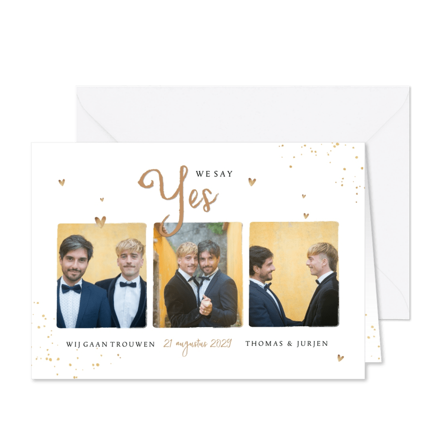 Trouwkaart fotocollage goud hartjes - Kaartimpressie