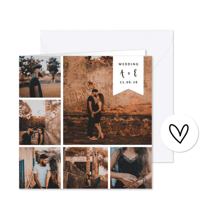 Trouwkaart fotocollage label met namen  - Kaartimpressie
