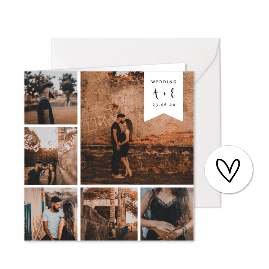 Trouwkaart fotocollage label met namen - Kaartimpressie