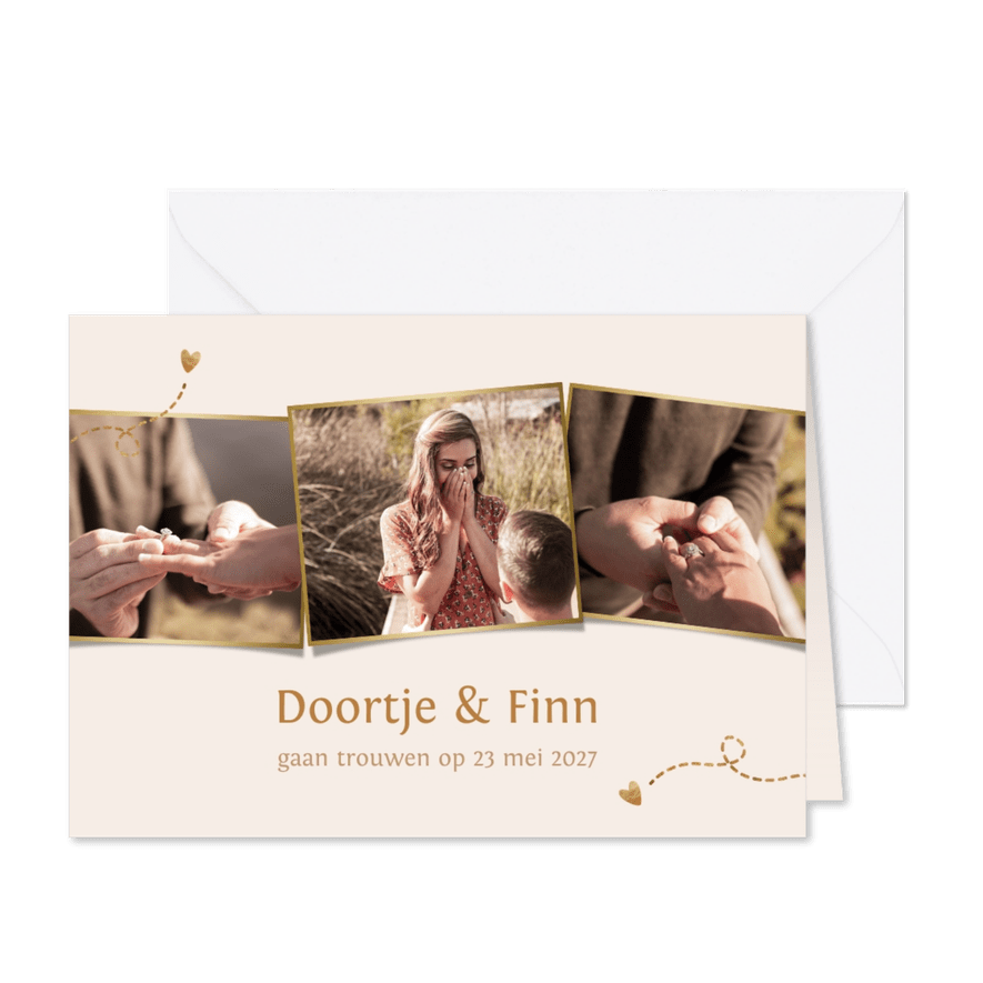 Trouwkaart fotocollage love met 3 foto's - Kaartimpressie
