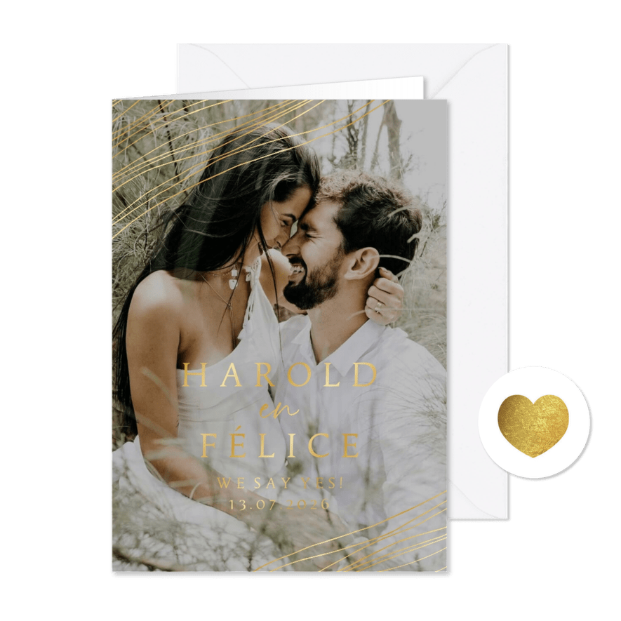 Trouwkaart fotokaart abstracte lijnen foliedruk goud - Kaartimpressie
