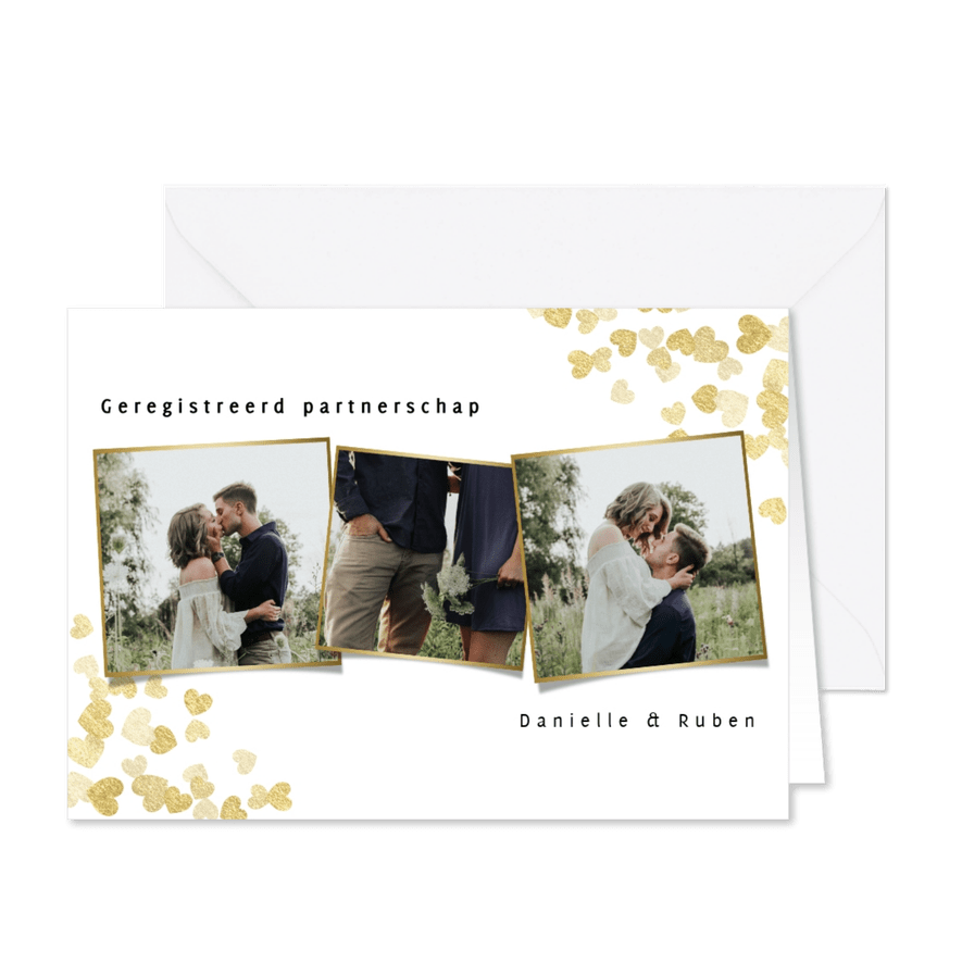 Trouwkaart geregistreerd partnerschap gouden hartjes foto's - Kaartimpressie
