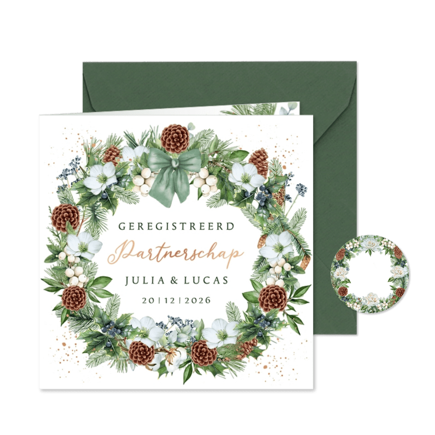 Trouwkaart Geregistreerd partnerschap krans witte rozen  - Kaartimpressie