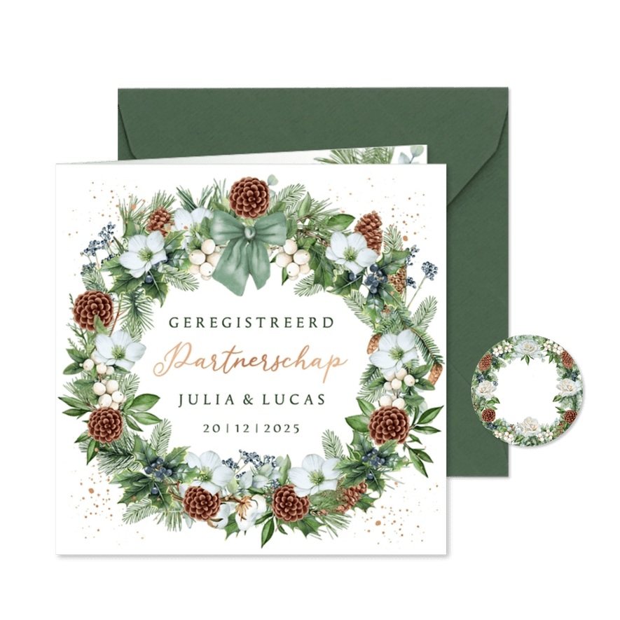 Trouwkaart Geregistreerd partnerschap krans witte rozen  - Kaartimpressie