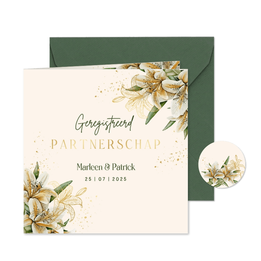 Trouwkaart geregistreerd partnerschap witte lelies goudfolie - Kaartimpressie