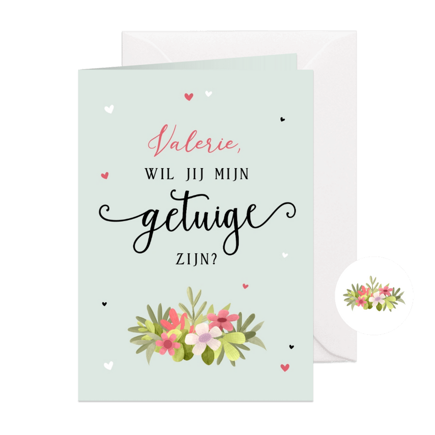 Trouwkaart getuige bloemen hartjes groen - Kaartimpressie