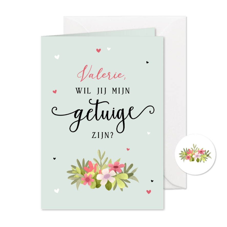 Trouwkaart getuige bloemen hartjes groen - Kaartimpressie