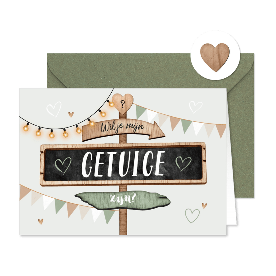 Trouwkaart getuige bruidsmeisje houtlook wegwijzers  - Kaartimpressie