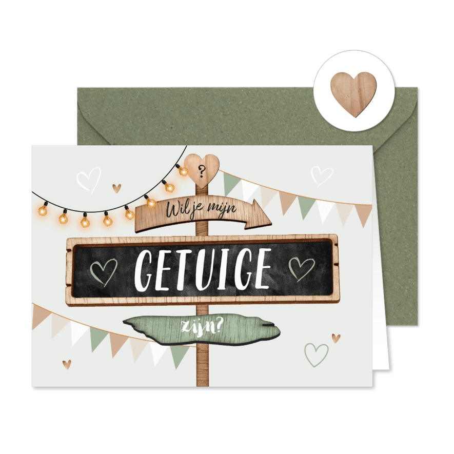 Trouwkaart getuige bruidsmeisje houtlook wegwijzers - Kaartimpressie