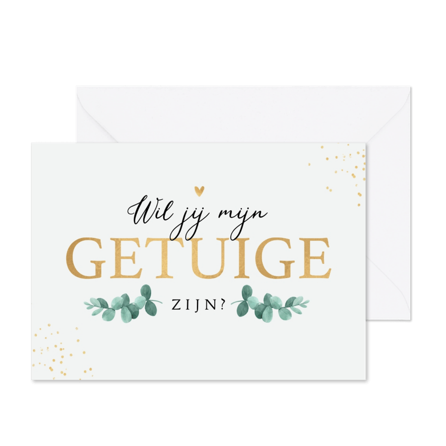 Trouwkaart getuige goud hartjes eucalyptus groen - Kaartimpressie