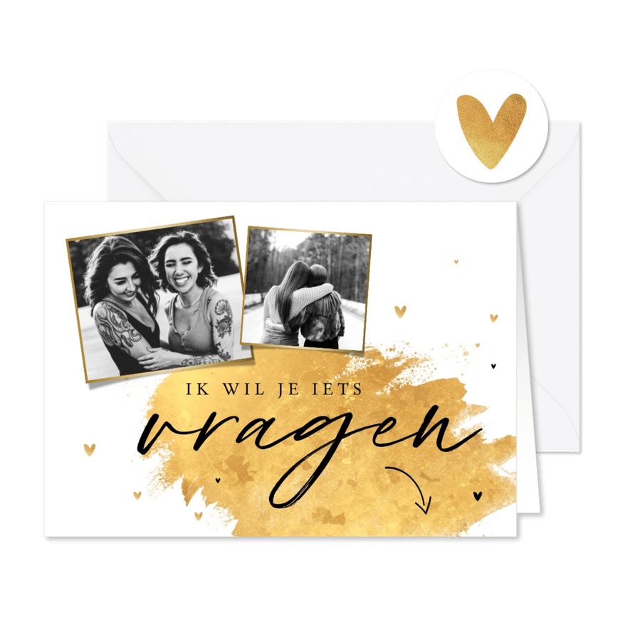 Trouwkaart getuige goud verf hartjes stijlvol foto - Kaartimpressie