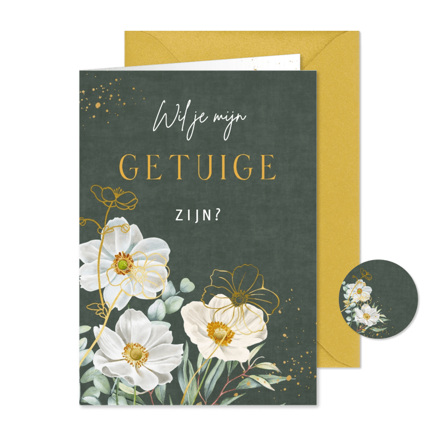 Trouwkaart getuige herfstanemonen op groen fluweel - Kaartimpressie