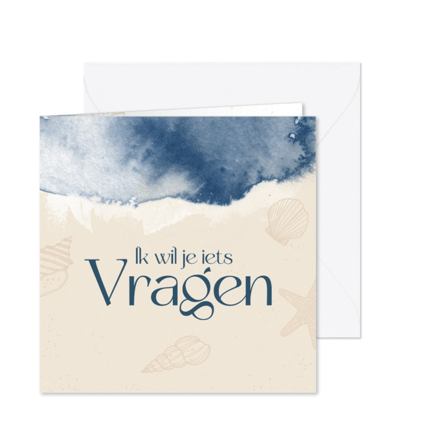 Trouwkaart getuige strand zee waterverf schelpen - Kaartimpressie