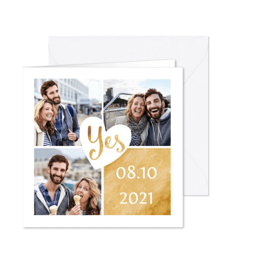 Trouwkaart goud met foto collage - Kaartimpressie