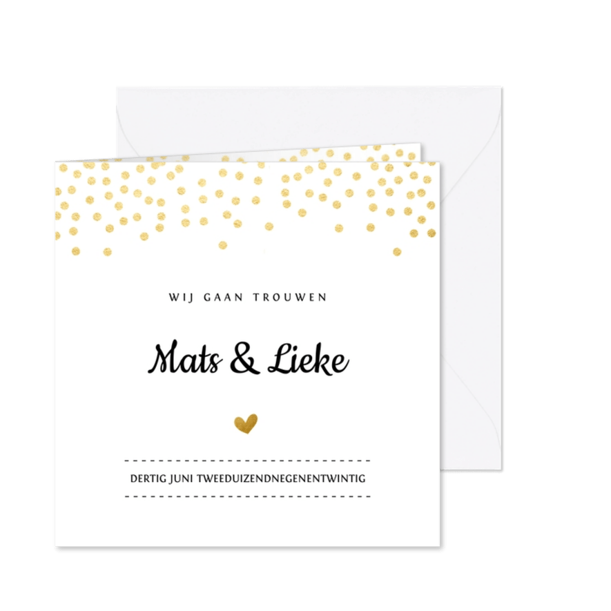 Trouwkaart goud met hartje - Kaartimpressie