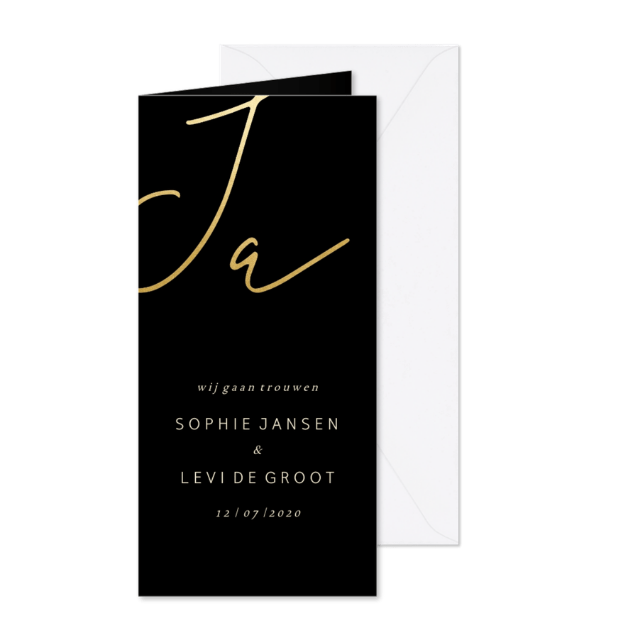 Trouwkaart gouden 'JA' dubbel langwerpig - Kaartimpressie
