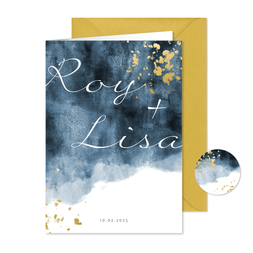Trouwkaart gouden spetters blauwe waterverf - Kaartimpressie
