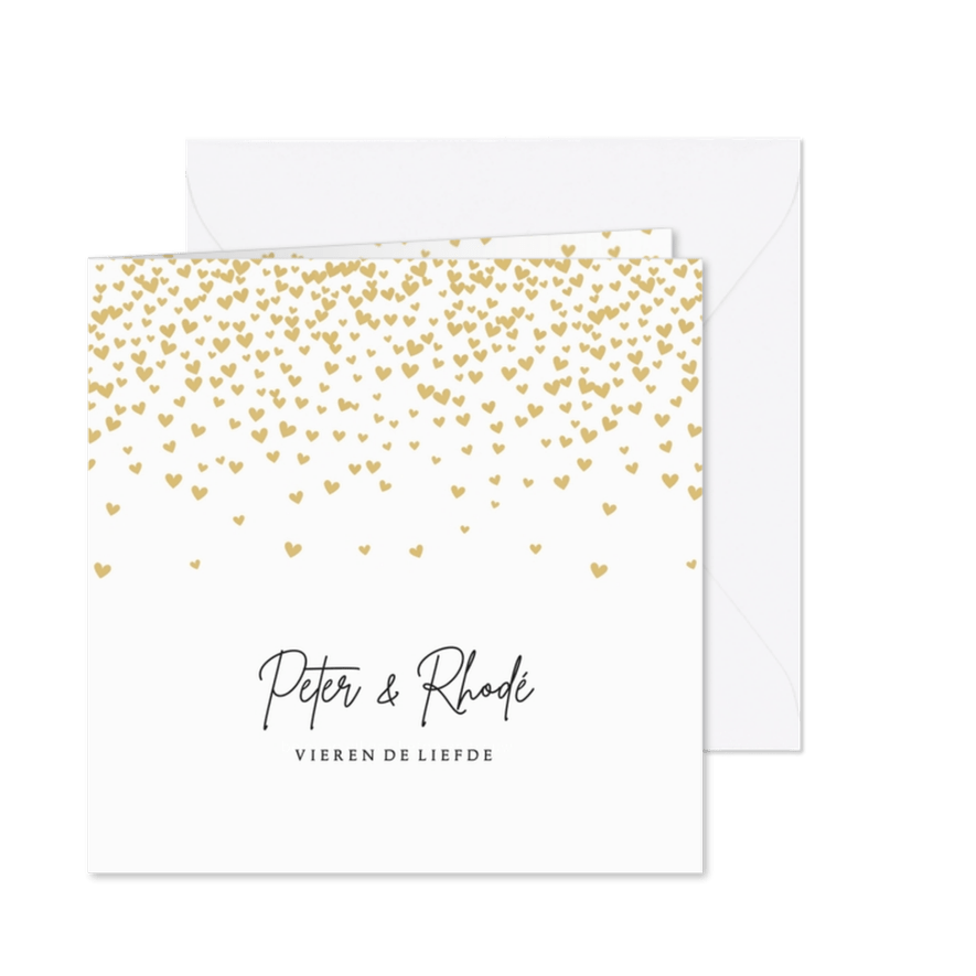 Trouwkaart goudgele hartjesregen - Kaartimpressie