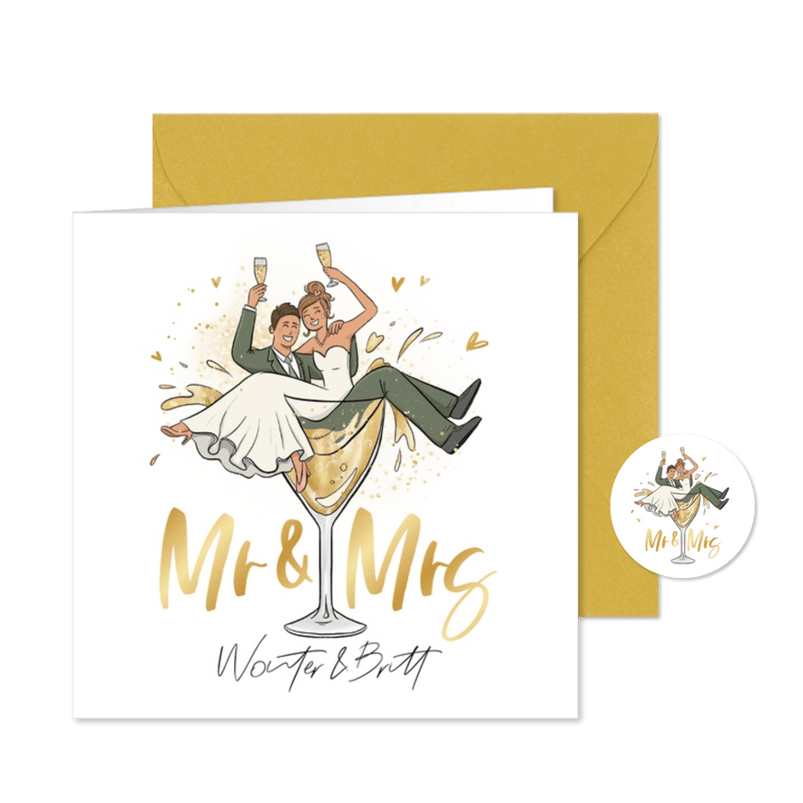 Trouwkaart grappig cartoon mr mrs bruidspaar champagne - Kaartimpressie