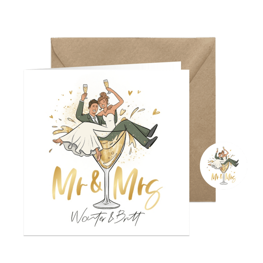 Trouwkaart grappig cartoon mr mrs bruidspaar champagne - Kaartimpressie