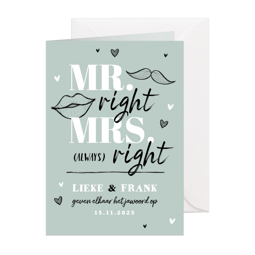 Trouwkaart grappig mr and mrs right hartjes doodle - Kaartimpressie