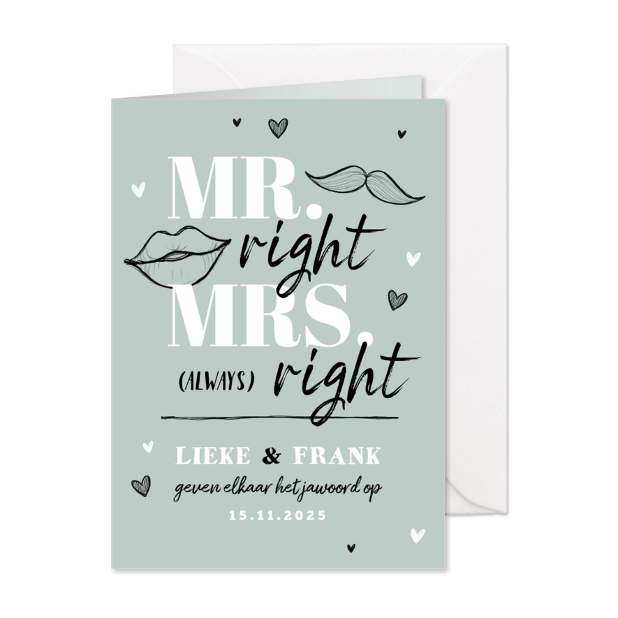 Trouwkaart grappig mr and mrs right hartjes doodle - Kaartimpressie