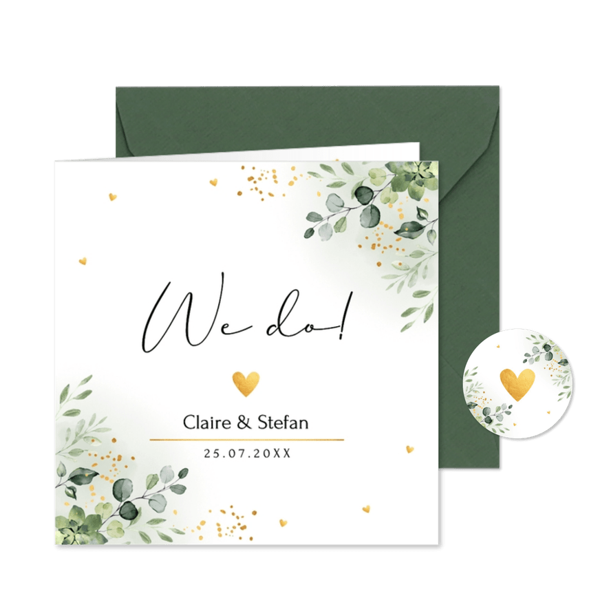Trouwkaart groen botanisch groen blaadjes goudlook - Kaartimpressie