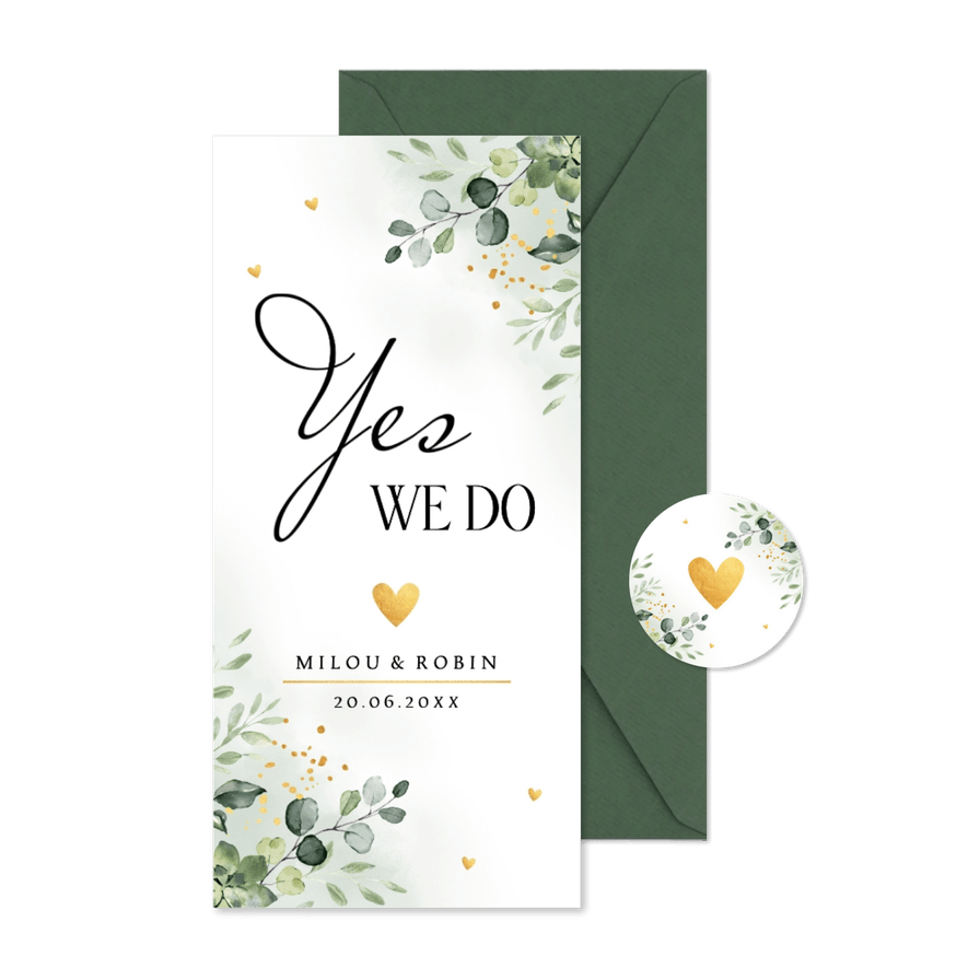 Trouwkaart groen langwerpig botanisch blaadjes goudlook - Kaartimpressie