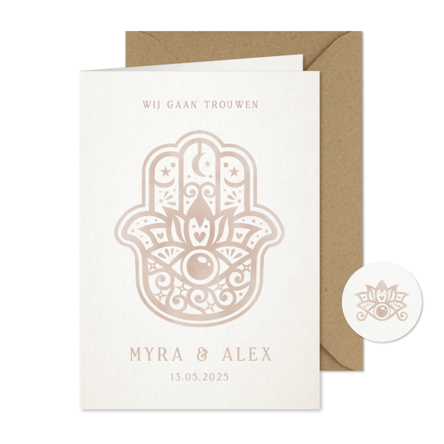Trouwkaart Hamsa hand - natuurlijke uitnodiging bruiloft  - Kaartimpressie