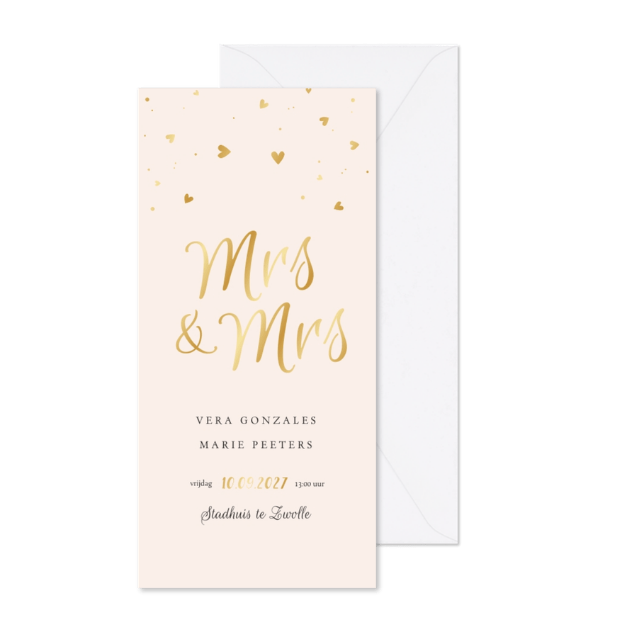 Trouwkaart hartjes goud spetters Mrs and Mrs - Kaartimpressie
