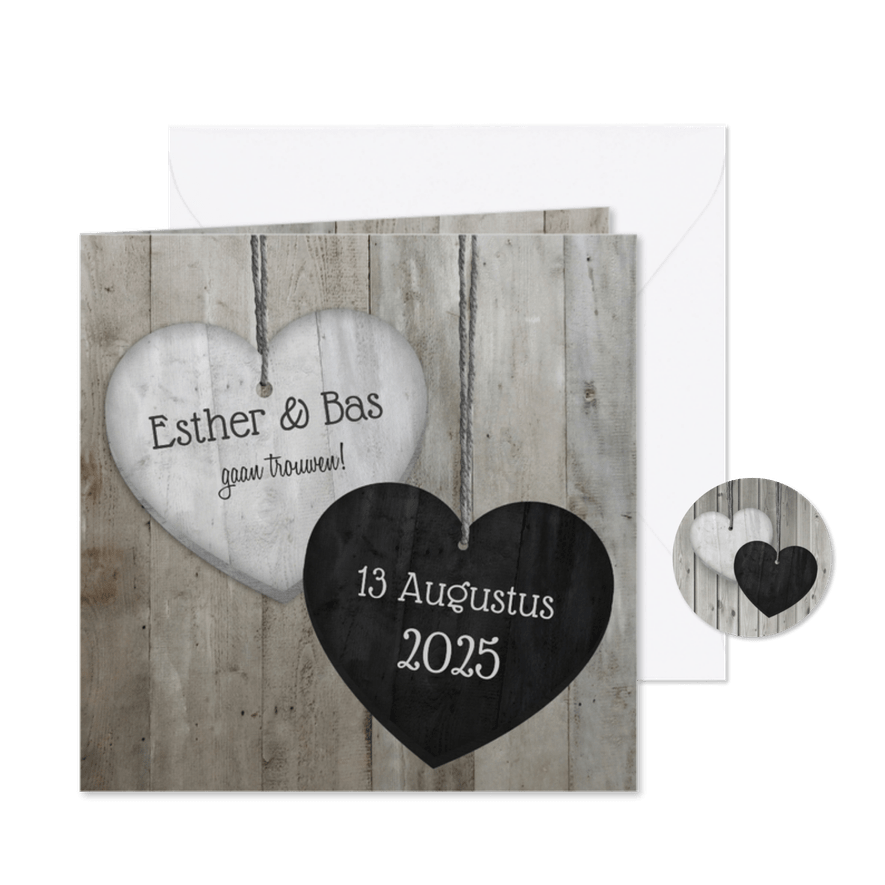 Trouwkaart Hartjes Hout - Kaartimpressie