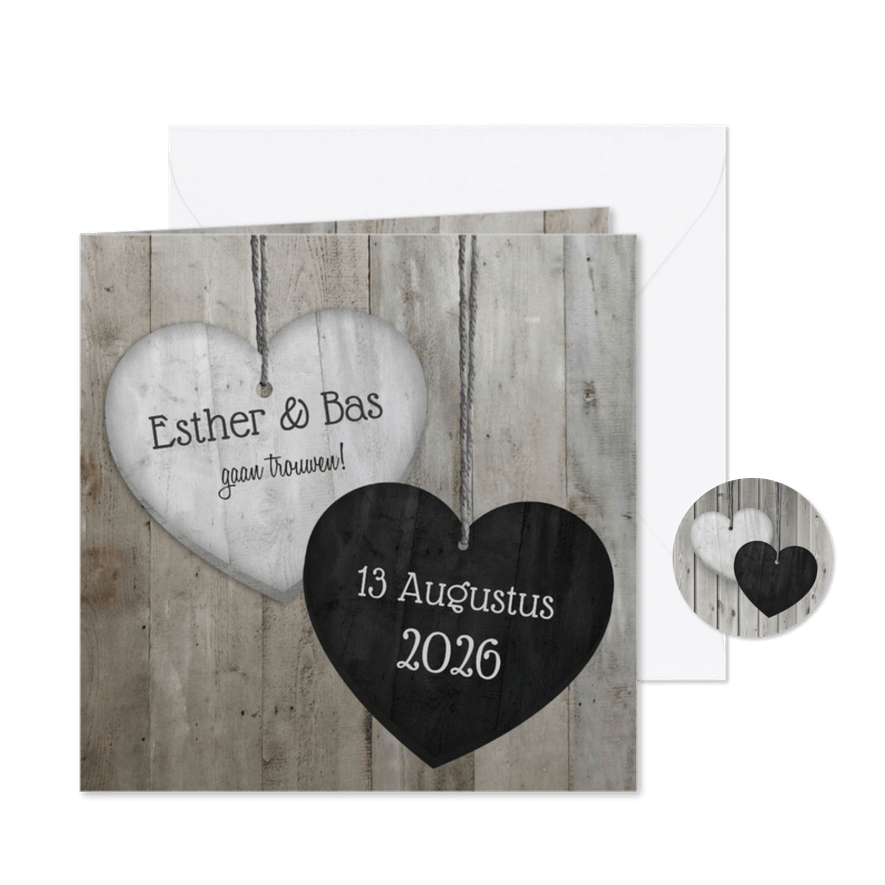Trouwkaart Hartjes Hout - Kaartimpressie