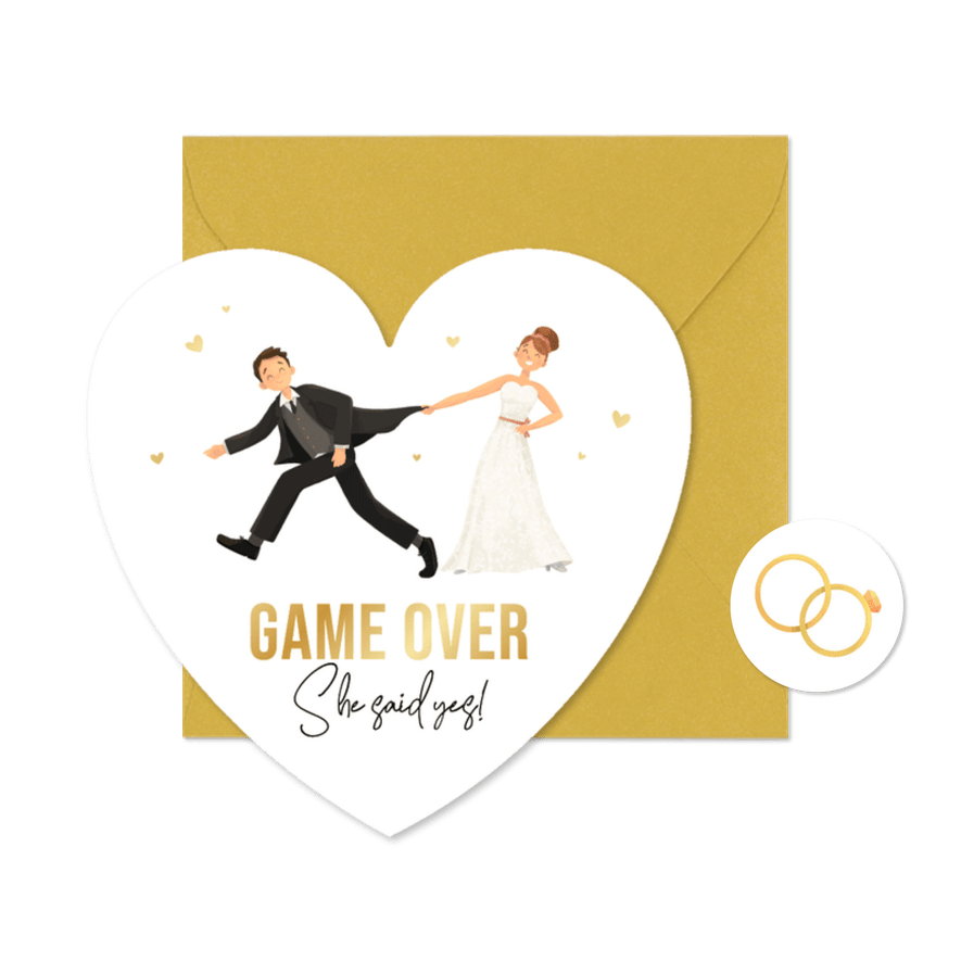 Trouwkaart hartkaart cartoon humor uitnodiging bruiloft - Kaartimpressie