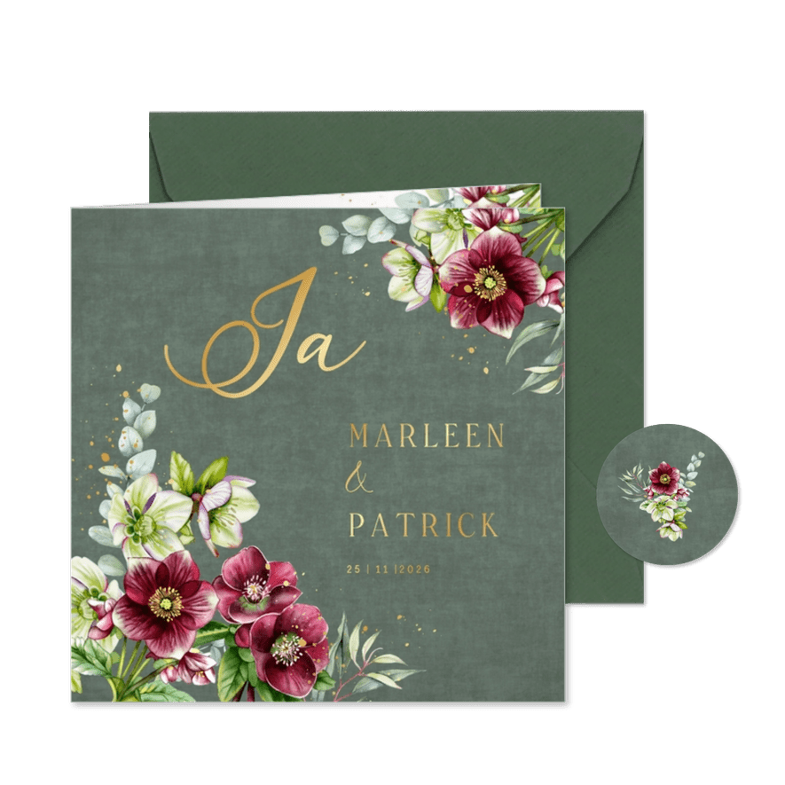 Trouwkaart helleborus bloemen op groen fluweel - Kaartimpressie