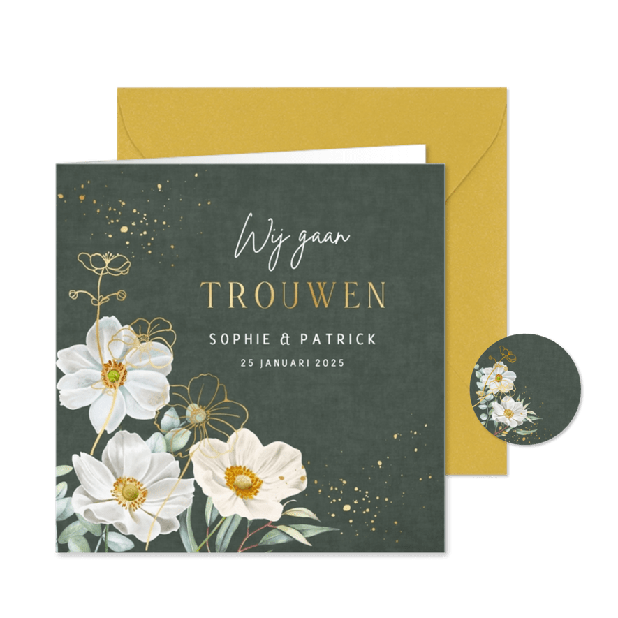 Trouwkaart herfstanemonen op groen fluweel - Kaartimpressie