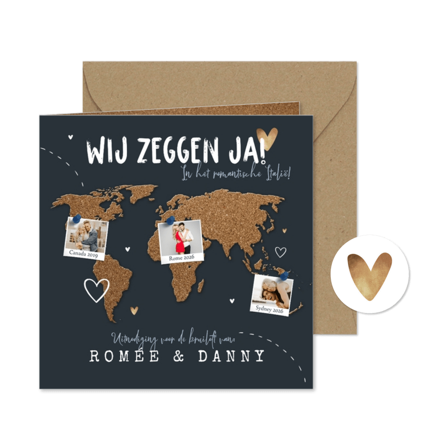 Trouwkaart hip kurk wereld hartjes fotocollage - Kaartimpressie
