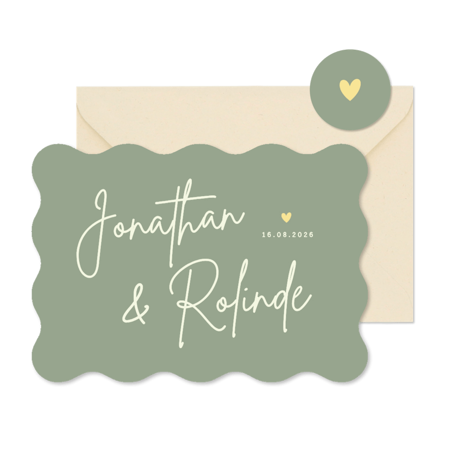 Trouwkaart hip met golvende rand - olijfgroen met namen - Kaartimpressie