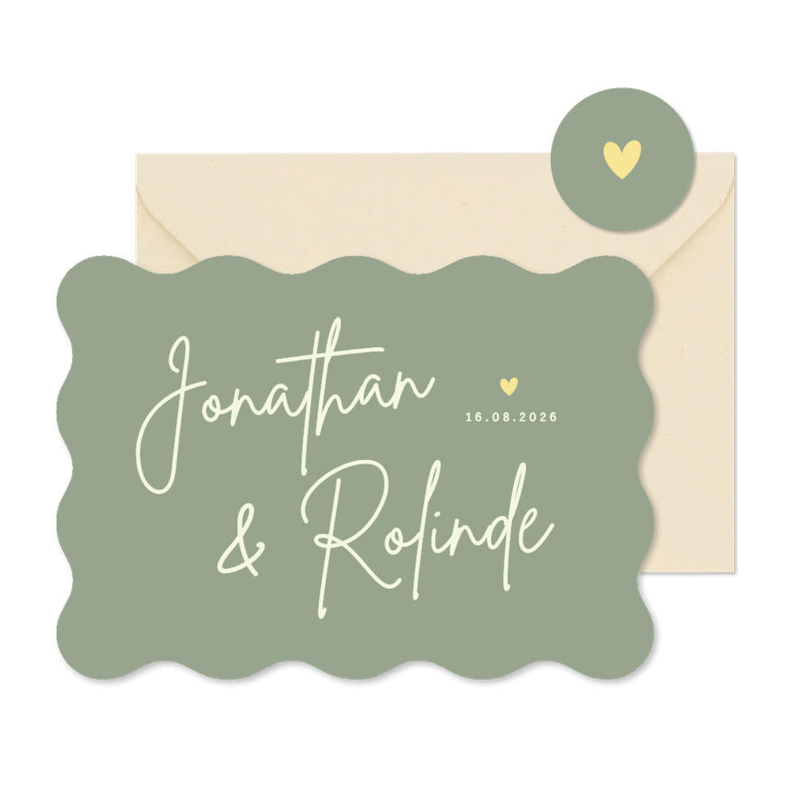 Trouwkaart hip met golvende rand - olijfgroen met namen - Kaartimpressie