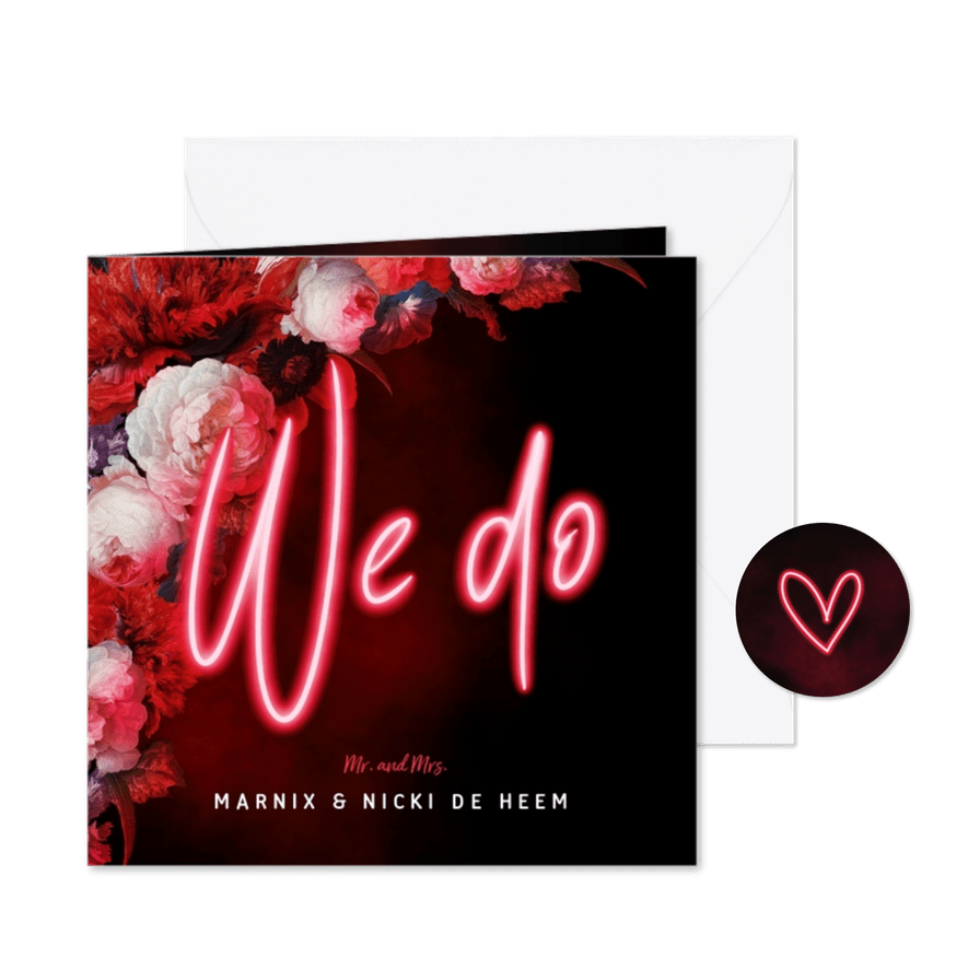 Trouwkaart hip neon bloemen - Kaartimpressie