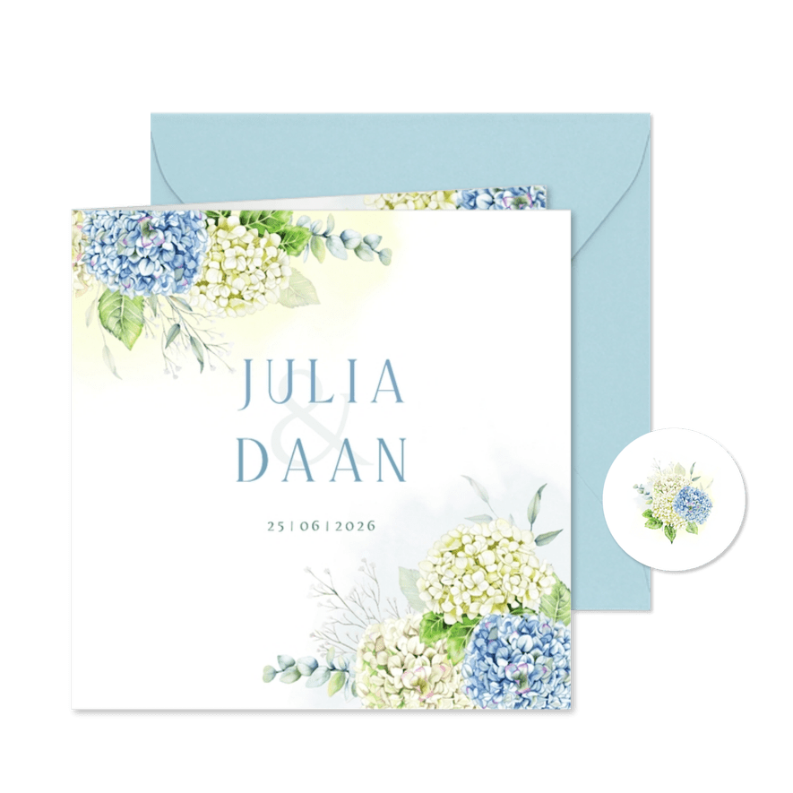 Trouwkaart hortensia's in blauw en wit - Kaartimpressie